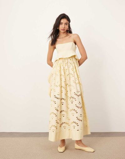 ARRANGE ARRANGE contrast broderie empire cami midi dress with ruffle detail in buttermilk-Yellow
