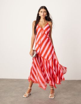 ARRANGE ARRANGE contrast fabric cami midi dress with hanky hem in color block stripe-Multi