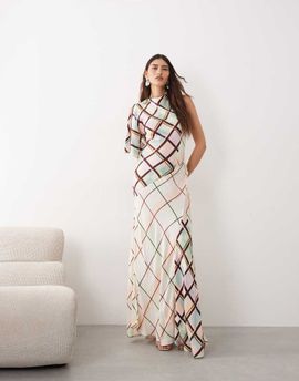 ARRANGE ARRANGE cowl neck asymmetric maxi dress in mixed check print-Multi