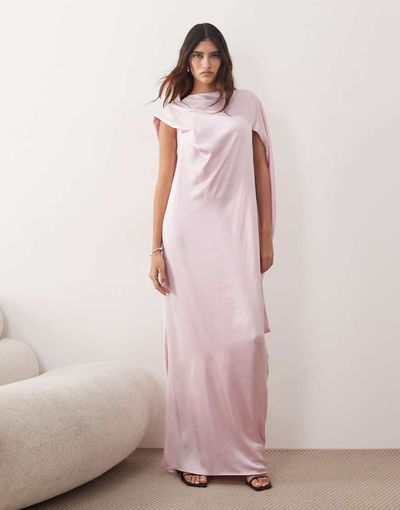 ARRANGE ARRANGE cowl neck scarf draped satin maxi dress in light pink