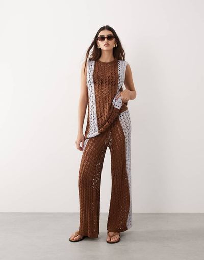 ARRANGE ARRANGE crochet pants in brown and blue contrast - part of a set-Multi