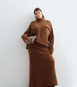 ARRANGE ARRANGE Curve alpaca knitted skirt set in chocolate-Brown