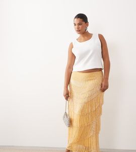 ARRANGE ARRANGE Curve beaded fringe column midi skirt in yellow