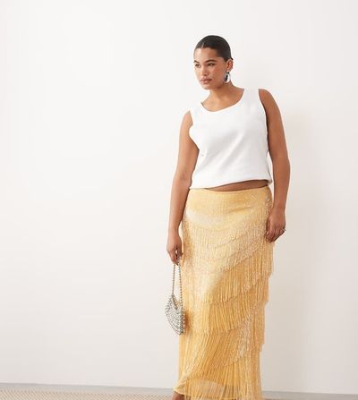 ARRANGE ARRANGE Curve beaded fringe column midi skirt in yellow