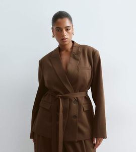 ARRANGE ARRANGE Curve belted cinched waist blazer with removable lapel in chocolate - part of a set-Brown