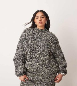 ARRANGE ARRANGE Curve cable knit high neck sweater with volume sleeves in mono - part of a set-Multi