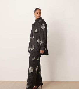 ARRANGE ARRANGE Curve crinkle satin floral embellished pants in black - part of a set