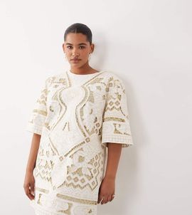 ARRANGE ARRANGE Curve cutwork embroidered mini dress in cream-White