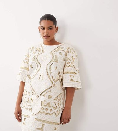 ARRANGE ARRANGE Curve cutwork embroidered mini dress in cream-White