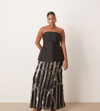 ARRANGE ARRANGE Curve deco linear embellished maxi skirt in black