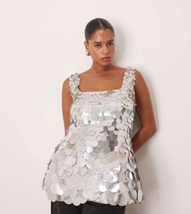ARRANGE ARRANGE Curve embellished disc sequin square neck top-Silver