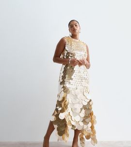 ARRANGE ARRANGE Curve embellished sequin high neck maxi dress in gold