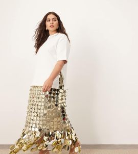 ARRANGE ARRANGE Curve futurist sequin embellished fringe hem midi skirt in gold