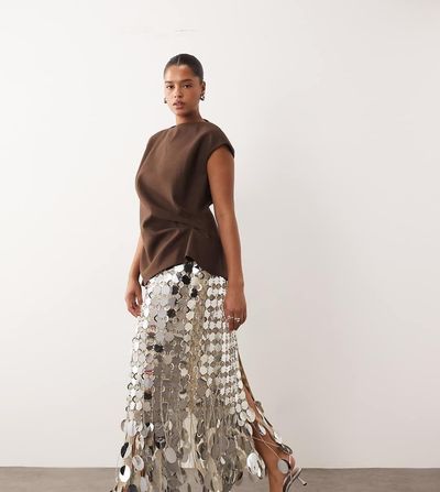 ARRANGE ARRANGE Curve futurist sequin fringe hem midi skirt in silver tone