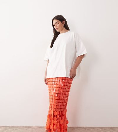 ARRANGE ARRANGE Curve futurist sequin fringe hem midi skirt in tomato-Orange