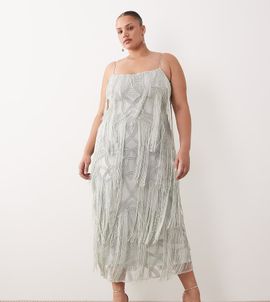 ARRANGE ARRANGE Curve geo fringe cami column maxi dress in dusky blue