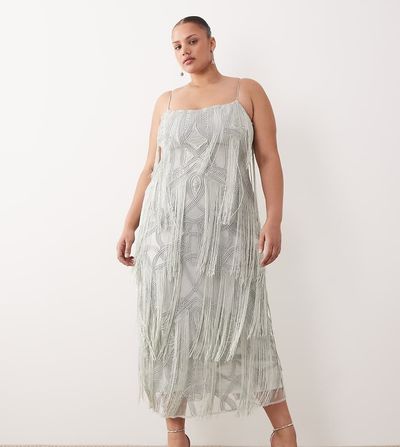 ARRANGE ARRANGE Curve geo fringe cami column maxi dress in dusky blue