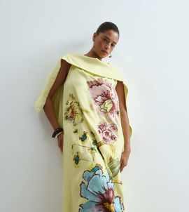 ARRANGE ARRANGE Curve large botanical floral satin drape maxi dress in lime green