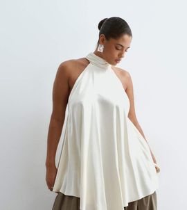 ARRANGE ARRANGE Curve longline halter neck handkerchief hem top in ivory-White