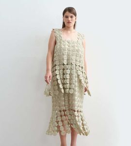 ARRANGE ARRANGE Curve metallic circle fringe column midi dress in gold