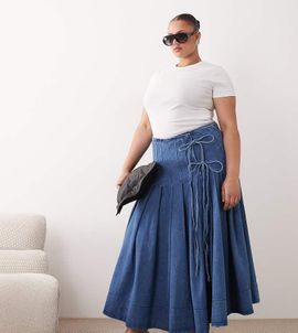 ARRANGE ARRANGE Curve pleated denim midi skirt with tie detail in blue