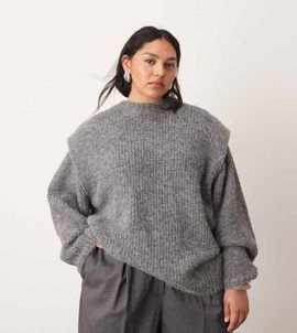ARRANGE ARRANGE Curve rib knit shoulder pad sweater in charcoal-Gray