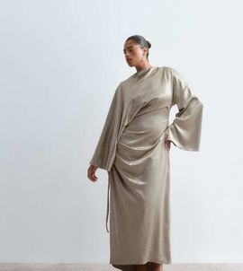 ARRANGE ARRANGE Curve satin drape long sleeve maxi dress in gold
