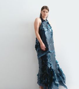ARRANGE ARRANGE Curve shard sequin square cut hem maxi skirt set in petrol blue