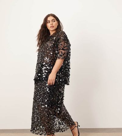 ARRANGE ARRANGE Curve sheer grid sequin maxi skirt in black - part of a set