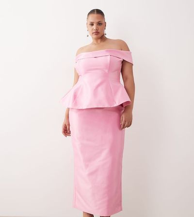 ARRANGE ARRANGE Curve structured off-the-shoulder satin maxi dress in pink