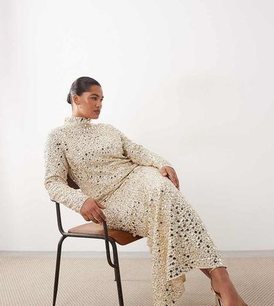 ARRANGE ARRANGE Curve textural sequin high neck long sleeve maxi dress in buttermilk-White