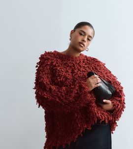 ARRANGE ARRANGE Curve wool blend hand knit ultimate loop fringe sweater in burgundy-Red