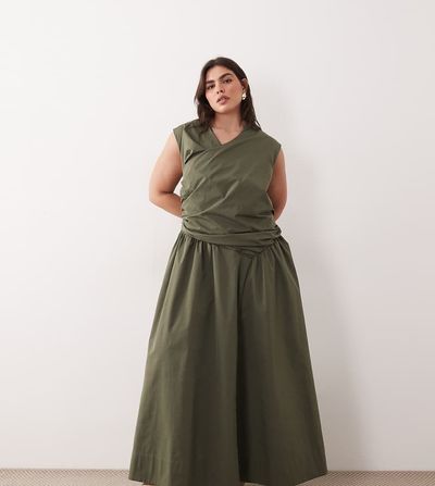 ARRANGE ARRANGE Curve wrap drop waist maxi dress in dark khaki-Green