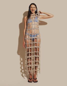 ARRANGE ARRANGE cutwork grid embellished column maxi dress in silver