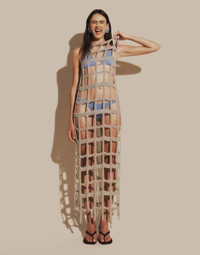 ARRANGE ARRANGE cutwork grid embellished column maxi dress in silver