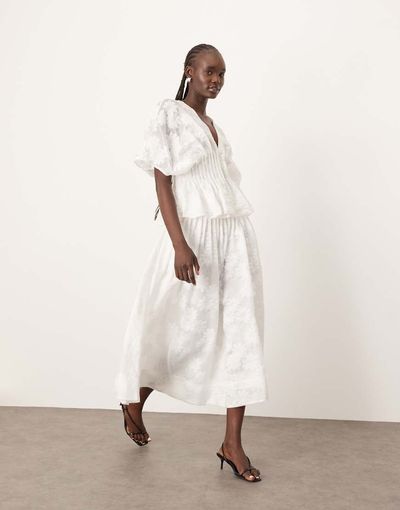 ARRANGE ARRANGE daisy organza pintuck dropped waist midi skirt in white - part of a set