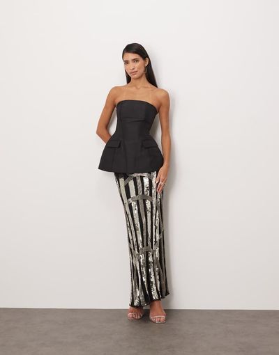 ARRANGE ARRANGE deco linear embellished maxi skirt in black