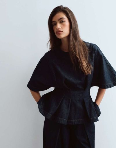ARRANGE ARRANGE denim cinched waist pleated top in indigo - part of a set-Blue