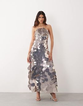 ARRANGE ARRANGE disc sequin crescent bandeau maxi dress in silver