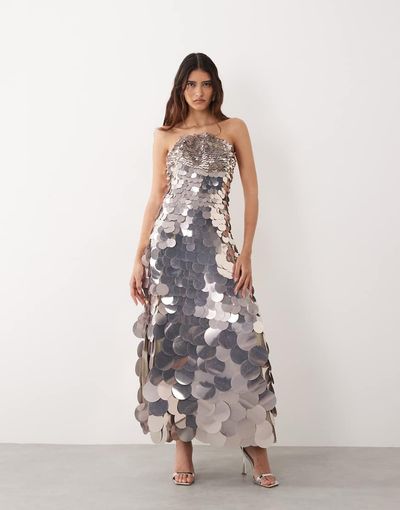 ARRANGE ARRANGE disc sequin crescent bandeau maxi dress in silver