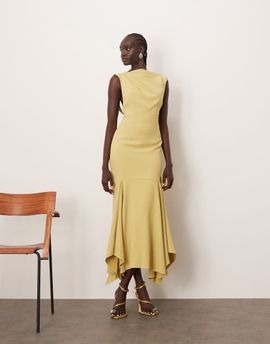 ARRANGE ARRANGE drape neck square hem open back midi dress with trim detail in light olive-Green