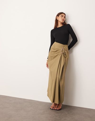 ARRANGE ARRANGE drape structured maxi skirt with metal trim in camel-Neutral
