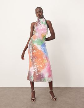 ARRANGE ARRANGE embellished draped halter column maxi dress in abstract sequin-Multi