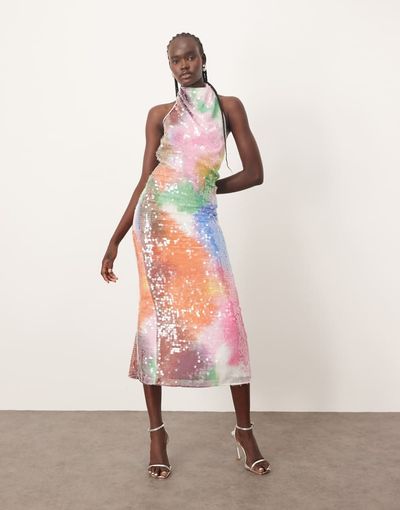 ARRANGE ARRANGE embellished draped halter column maxi dress in abstract sequin-Multi