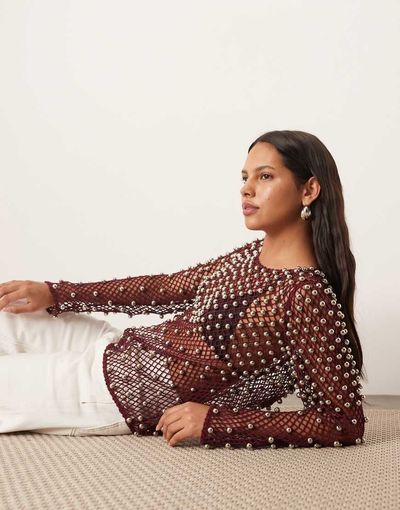 ARRANGE ARRANGE embellished mesh long sleeve top in dusky pink-Purple