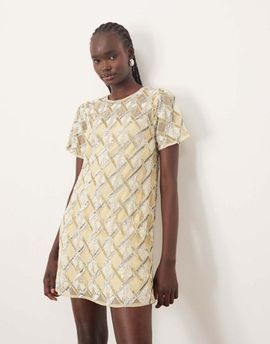 ARRANGE ARRANGE embellished T-shirt mini dress in buttermilk-Gold