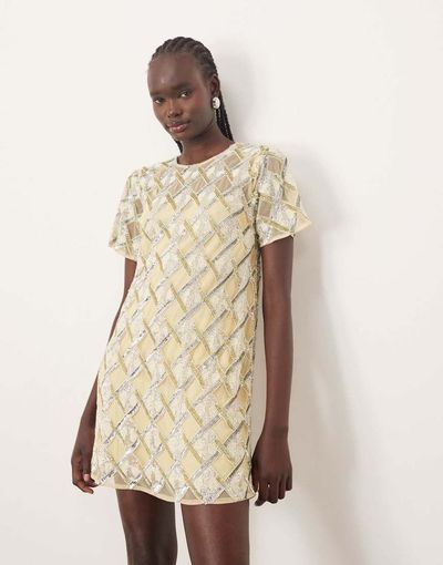ARRANGE ARRANGE embellished T-shirt mini dress in buttermilk-Gold
