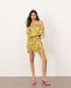 ARRANGE ARRANGE embroidered fringe detail off the shoulder tie back mini dress in olive-Green - 2
