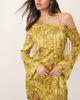 ARRANGE ARRANGE embroidered fringe detail off the shoulder tie back mini dress in olive-Green - 3