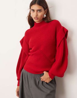 ARRANGE ARRANGE engineered knit sculpted sweater with shoulder detail in red
